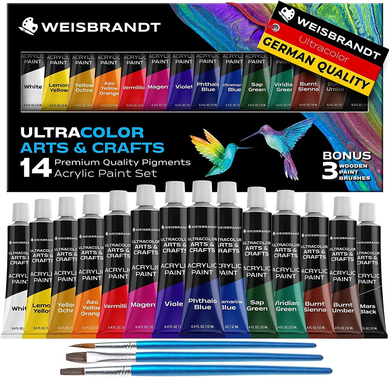 14 Colors, Ultra Color Arts & Crafts Acrylic Paints, Premium Quality Pigments, Matte Finish, 0.4oz/12 ml, Water-Based Acrylic Paint Set, for all Porous Surfaces